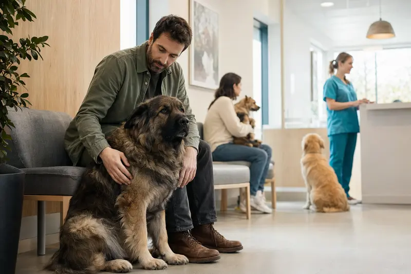 Ein Kaukasischer Schäferhund sitzt ruhig neben seinem Besitzer im hellen Wartezimmer einer modernen Tierarztpraxis.
